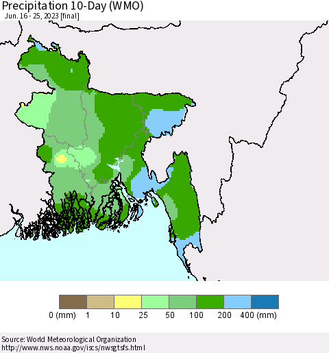 Bangladesh Precipitation 10-Day (WMO) Thematic Map For 6/16/2023 - 6/25/2023