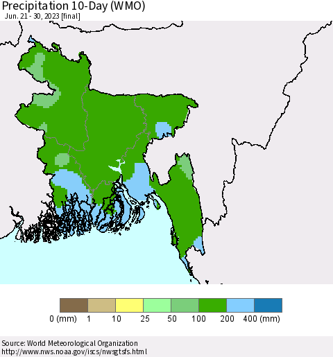 Bangladesh Precipitation 10-Day (WMO) Thematic Map For 6/21/2023 - 6/30/2023