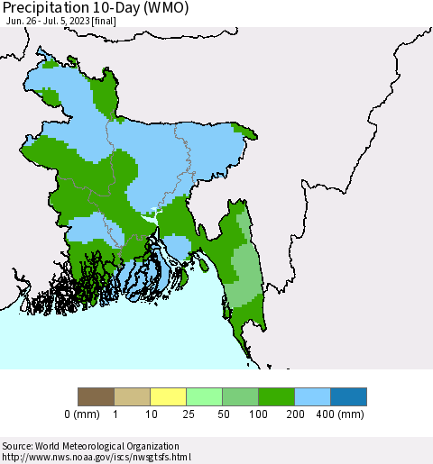 Bangladesh Precipitation 10-Day (WMO) Thematic Map For 6/26/2023 - 7/5/2023