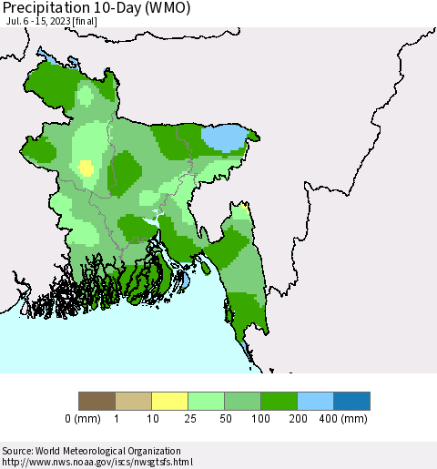 Bangladesh Precipitation 10-Day (WMO) Thematic Map For 7/6/2023 - 7/15/2023