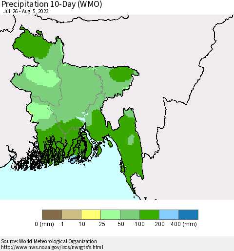 Bangladesh Precipitation 10-Day (WMO) Thematic Map For 7/26/2023 - 8/5/2023
