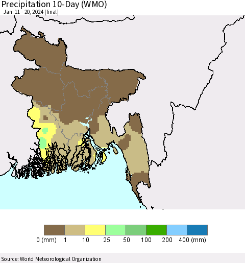 Bangladesh Precipitation 10-Day (WMO) Thematic Map For 1/11/2024 - 1/20/2024