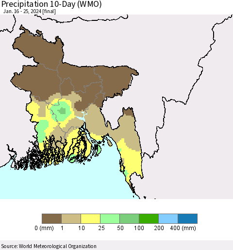 Bangladesh Precipitation 10-Day (WMO) Thematic Map For 1/16/2024 - 1/25/2024