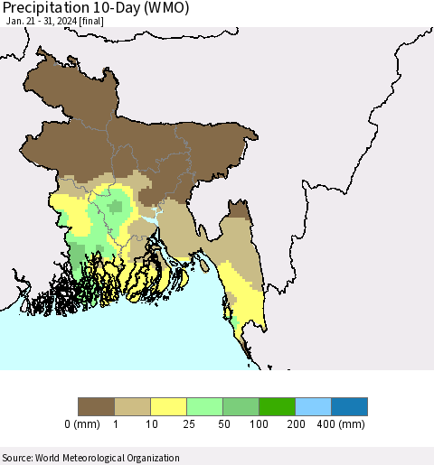 Bangladesh Precipitation 10-Day (WMO) Thematic Map For 1/21/2024 - 1/31/2024