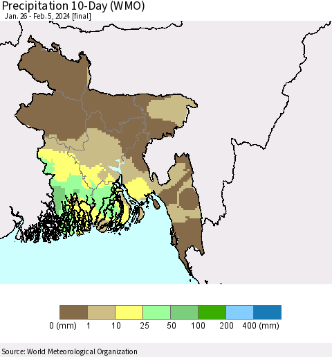 Bangladesh Precipitation 10-Day (WMO) Thematic Map For 1/26/2024 - 2/5/2024