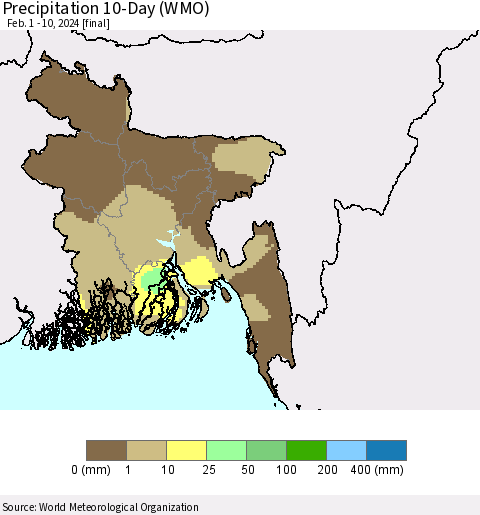 Bangladesh Precipitation 10-Day (WMO) Thematic Map For 2/1/2024 - 2/10/2024