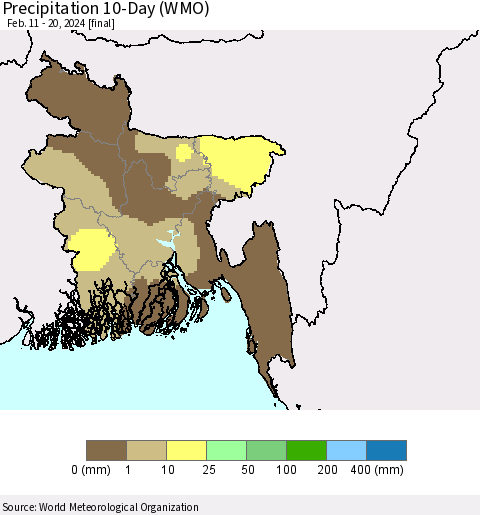 Bangladesh Precipitation 10-Day (WMO) Thematic Map For 2/11/2024 - 2/20/2024