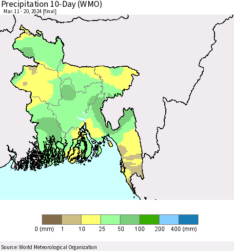 Bangladesh Precipitation 10-Day (WMO) Thematic Map For 3/11/2024 - 3/20/2024