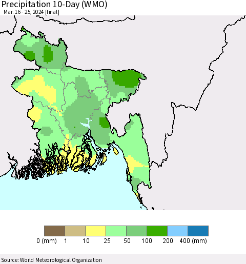 Bangladesh Precipitation 10-Day (WMO) Thematic Map For 3/16/2024 - 3/25/2024