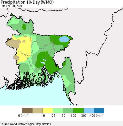 Bangladesh Precipitation 10-Day (WMO) Thematic Map For 3/21/2024 - 3/31/2024