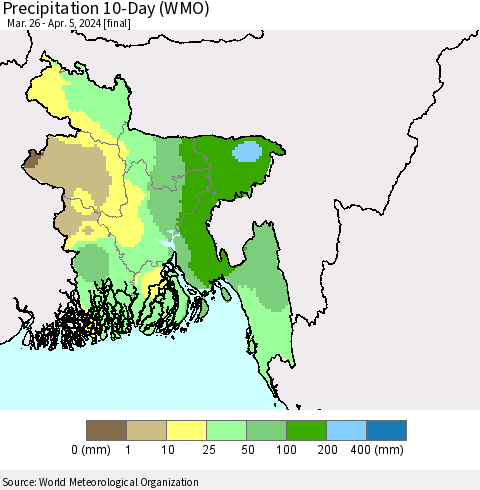 Bangladesh Precipitation 10-Day (WMO) Thematic Map For 3/26/2024 - 4/5/2024