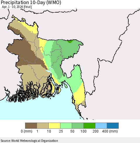 Bangladesh Precipitation 10-Day (WMO) Thematic Map For 4/1/2024 - 4/10/2024