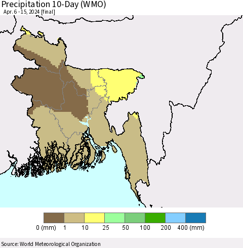 Bangladesh Precipitation 10-Day (WMO) Thematic Map For 4/6/2024 - 4/15/2024