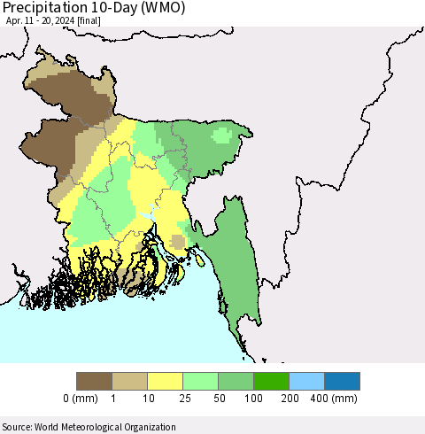 Bangladesh Precipitation 10-Day (WMO) Thematic Map For 4/11/2024 - 4/20/2024