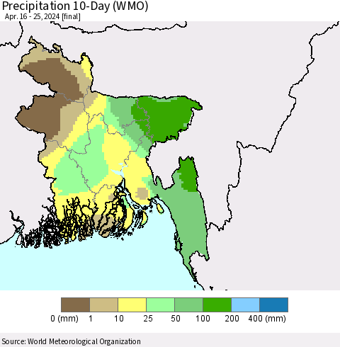 Bangladesh Precipitation 10-Day (WMO) Thematic Map For 4/16/2024 - 4/25/2024