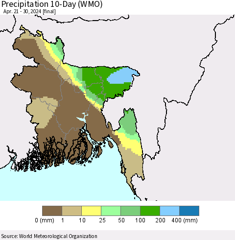 Bangladesh Precipitation 10-Day (WMO) Thematic Map For 4/21/2024 - 4/30/2024