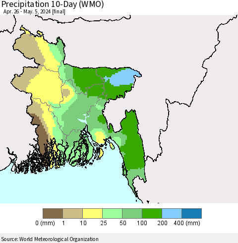 Bangladesh Precipitation 10-Day (WMO) Thematic Map For 4/26/2024 - 5/5/2024