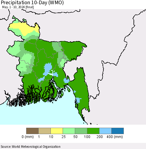 Bangladesh Precipitation 10-Day (WMO) Thematic Map For 5/1/2024 - 5/10/2024