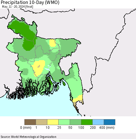 Bangladesh Precipitation 10-Day (WMO) Thematic Map For 5/11/2024 - 5/20/2024