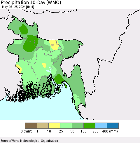 Bangladesh Precipitation 10-Day (WMO) Thematic Map For 5/16/2024 - 5/25/2024