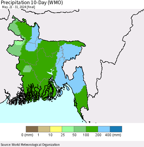 Bangladesh Precipitation 10-Day (WMO) Thematic Map For 5/21/2024 - 5/31/2024