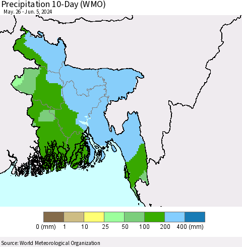 Bangladesh Precipitation 10-Day (WMO) Thematic Map For 5/26/2024 - 6/5/2024