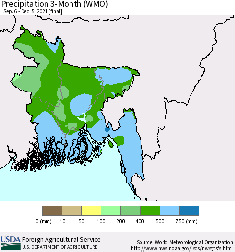 Bangladesh Precipitation 3-Month (WMO) Thematic Map For 9/6/2021 - 12/5/2021