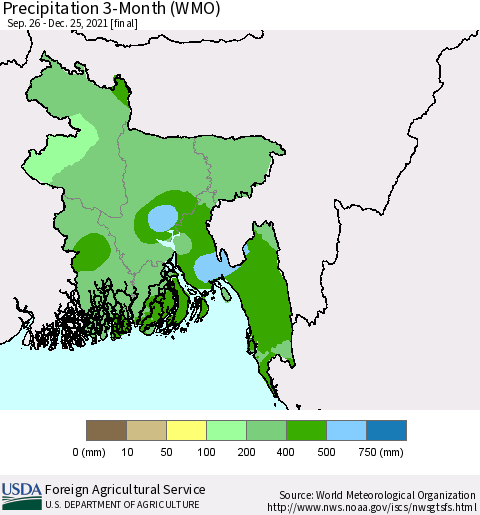 Bangladesh Precipitation 3-Month (WMO) Thematic Map For 9/26/2021 - 12/25/2021