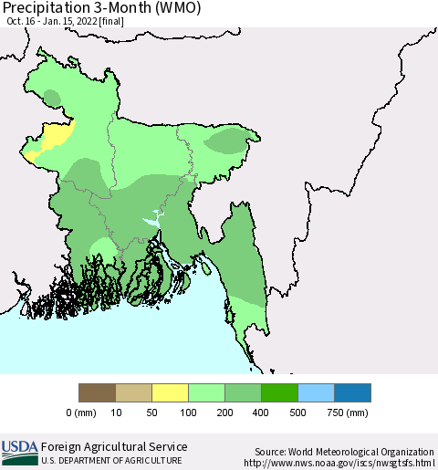 Bangladesh Precipitation 3-Month (WMO) Thematic Map For 10/16/2021 - 1/15/2022