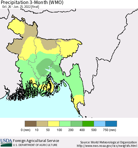 Bangladesh Precipitation 3-Month (WMO) Thematic Map For 10/26/2021 - 1/25/2022