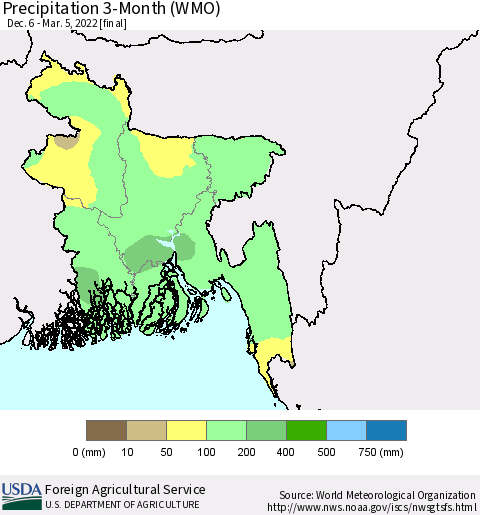 Bangladesh Precipitation 3-Month (WMO) Thematic Map For 12/6/2021 - 3/5/2022
