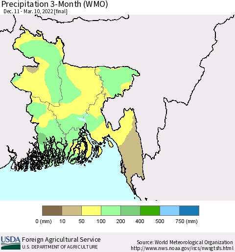 Bangladesh Precipitation 3-Month (WMO) Thematic Map For 12/11/2021 - 3/10/2022