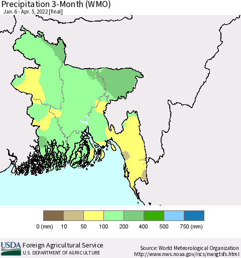 Bangladesh Precipitation 3-Month (WMO) Thematic Map For 1/6/2022 - 4/5/2022