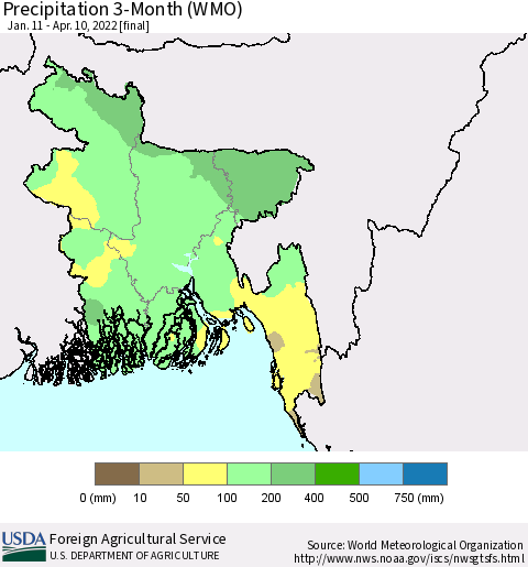 Bangladesh Precipitation 3-Month (WMO) Thematic Map For 1/11/2022 - 4/10/2022