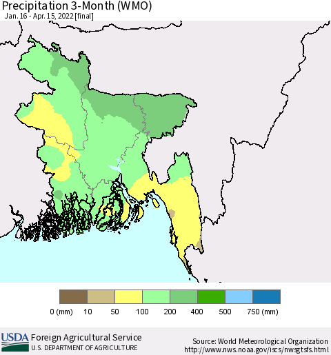 Bangladesh Precipitation 3-Month (WMO) Thematic Map For 1/16/2022 - 4/15/2022