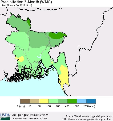 Bangladesh Precipitation 3-Month (WMO) Thematic Map For 1/21/2022 - 4/20/2022