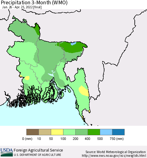 Bangladesh Precipitation 3-Month (WMO) Thematic Map For 1/26/2022 - 4/25/2022