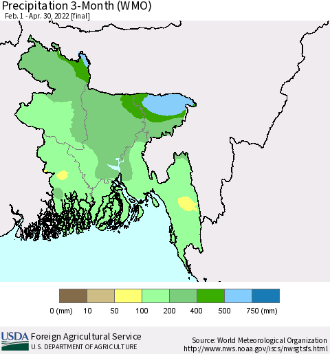 Bangladesh Precipitation 3-Month (WMO) Thematic Map For 2/1/2022 - 4/30/2022