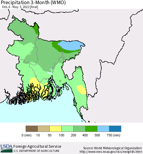 Bangladesh Precipitation 3-Month (WMO) Thematic Map For 2/6/2022 - 5/5/2022