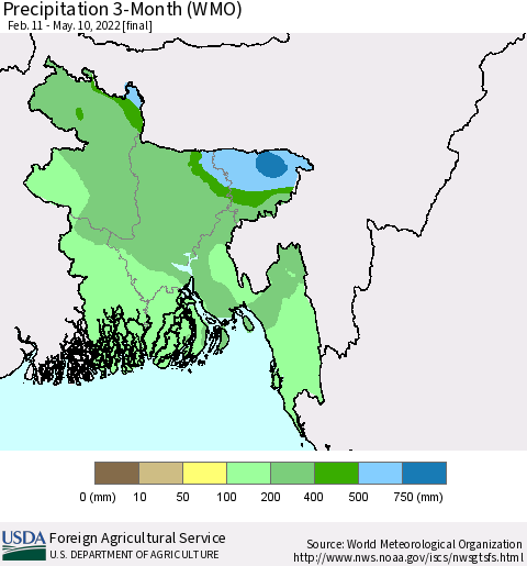 Bangladesh Precipitation 3-Month (WMO) Thematic Map For 2/11/2022 - 5/10/2022
