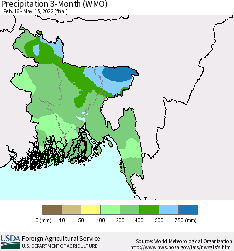 Bangladesh Precipitation 3-Month (WMO) Thematic Map For 2/16/2022 - 5/15/2022