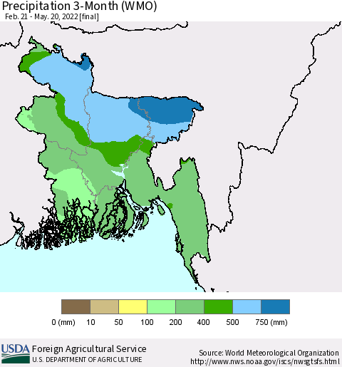Bangladesh Precipitation 3-Month (WMO) Thematic Map For 2/21/2022 - 5/20/2022