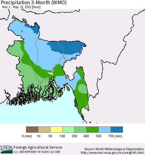 Bangladesh Precipitation 3-Month (WMO) Thematic Map For 3/1/2022 - 5/31/2022