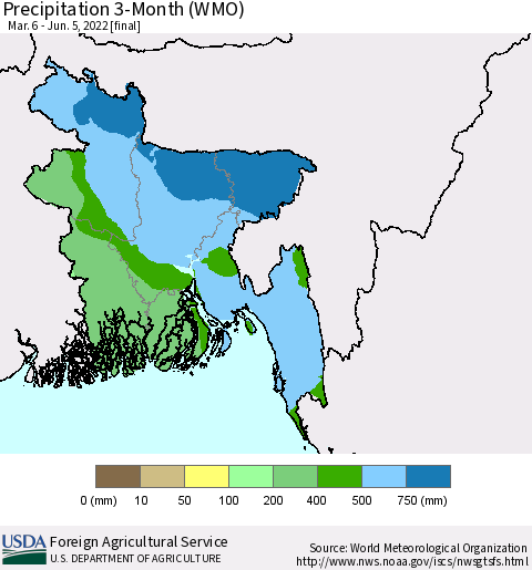 Bangladesh Precipitation 3-Month (WMO) Thematic Map For 3/6/2022 - 6/5/2022