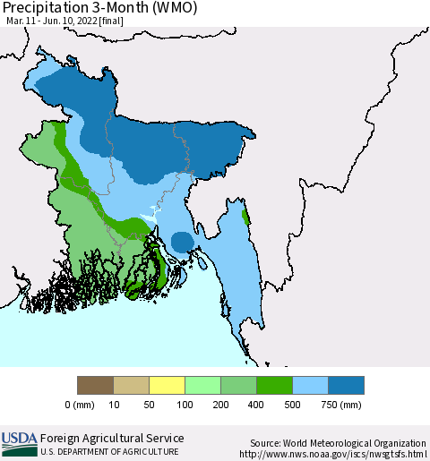 Bangladesh Precipitation 3-Month (WMO) Thematic Map For 3/11/2022 - 6/10/2022