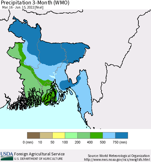 Bangladesh Precipitation 3-Month (WMO) Thematic Map For 3/16/2022 - 6/15/2022