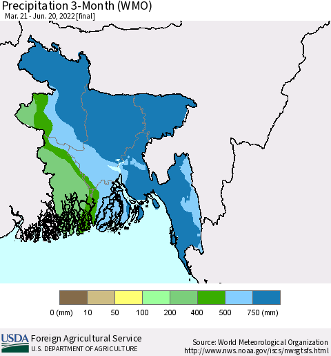 Bangladesh Precipitation 3-Month (WMO) Thematic Map For 3/21/2022 - 6/20/2022