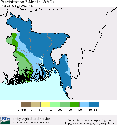 Bangladesh Precipitation 3-Month (WMO) Thematic Map For 3/26/2022 - 6/25/2022