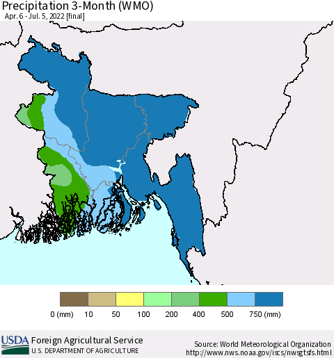 Bangladesh Precipitation 3-Month (WMO) Thematic Map For 4/6/2022 - 7/5/2022
