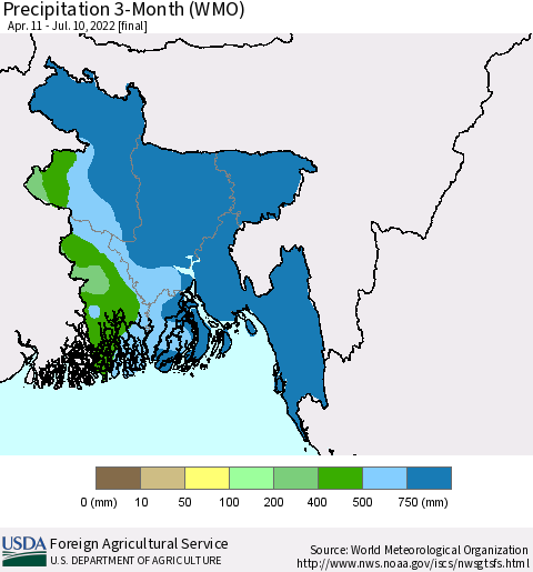Bangladesh Precipitation 3-Month (WMO) Thematic Map For 4/11/2022 - 7/10/2022